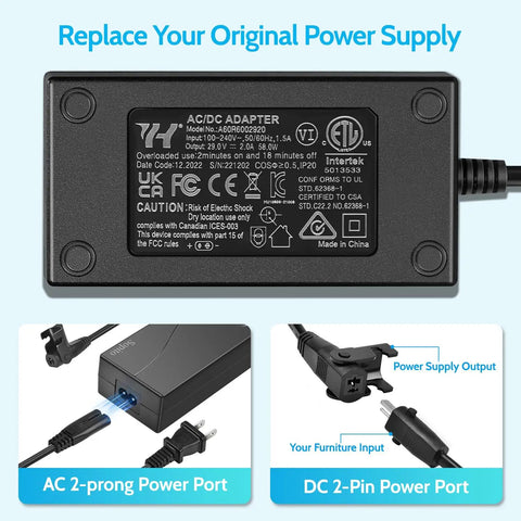 29V 2A Recliner Power Adapter with Long Cables showing AC and DC ports and connectors for replacement use
