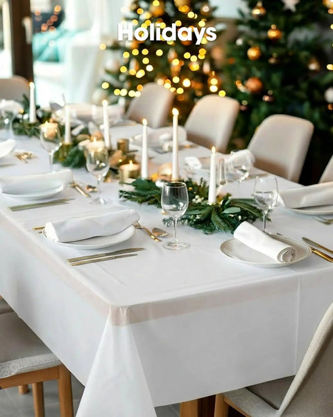 No Drama Cleanup Disposable Plastic Tablecloths Rectangle Table Cover 54X108 Inches White 10 Pack Heavy Duty Waterproof set on festive table.