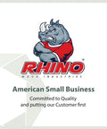 Logo of Rhino Wood Industries, featuring a stylized rhino above company name and American Small Business commitment statement.