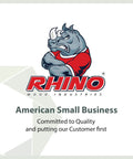 Logo of RHINO Wood Industries featuring a muscular rhino, highlighting American small business commitment to quality.