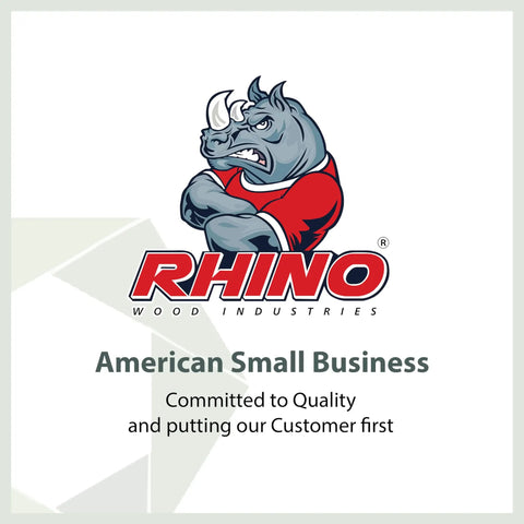 Logo of RHINO Wood Industries featuring a muscular rhino, highlighting American small business commitment to quality.
