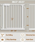 Wide Baby Gate For Doorways And Stairs With Pressure Mounted Extension Indoor Safety Gate For Kids Or Pets Fits Openings From Thirty Eight And A Half To Forty Three And A Half Inches Walk Through Swing Door Thirty Inches Tall, product dimensions and features, no drilling, auto close.
