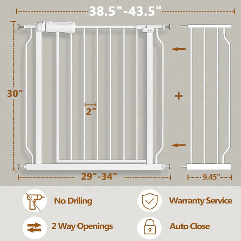 Wide Baby Gate For Doorways And Stairs With Pressure Mounted Extension Indoor Safety Gate For Kids Or Pets Fits Openings From Thirty Eight And A Half To Forty Three And A Half Inches Walk Through Swing Door Thirty Inches Tall, product dimensions and features, no drilling, auto close.