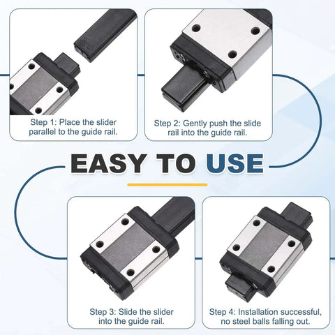 Steps for using MGN9H Linear Bearing Carriage Block With Mini Guide And Wrench For 9mm Linear Motion Rails; easy installation guide.