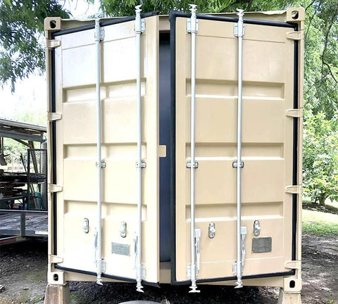 Beige shipping container doors with vertical locking bars; 2-piece rubber door seal set for 9 ft 6 in containers.