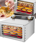 Six Tray Food Dehydrator Machine Harnessing Four Hundred Watt Power And Reliable Thermostat For Fast Fruit Vegetable Meat Jerky And Pet Treat Preservation Easy As Pie And Essentially Zero Drama, showing dried fruits on trays.