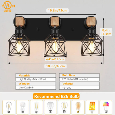 3 Light Farmhouse Vanity Light For Bathroom Over Mirror Rustic Wood And Black Metal Cage Industrial Fixture