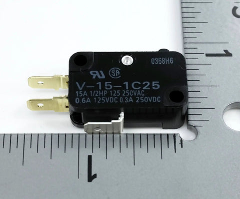 Micro Limit Switch V-15-1C25 15A 125 To 250 VAC Pack Of 2 Built Tough Industrial Grade Control Switch next to ruler showing size