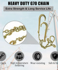 Beefy 5/16 Inch G70 Tow Chain With Large Shank J Hooks And Grab Hooks Two Foot Legs For Flatbed Truck Trailers Safe Tow Chain With 4700 Lb Working Load Gold Finish