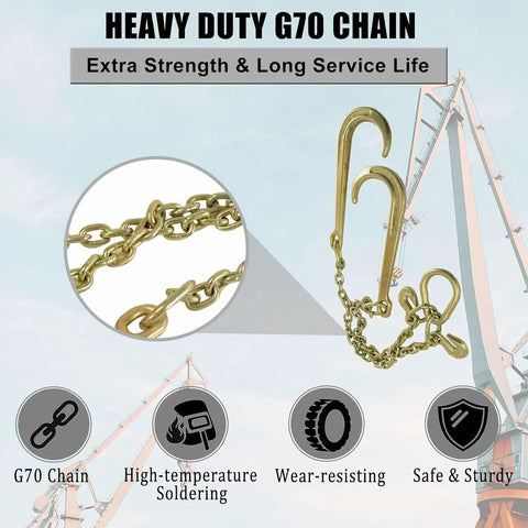 Beefy 5/16 Inch G70 Tow Chain With Large Shank J Hooks And Grab Hooks Two Foot Legs For Flatbed Truck Trailers Safe Tow Chain With 4700 Lb Working Load Gold Finish