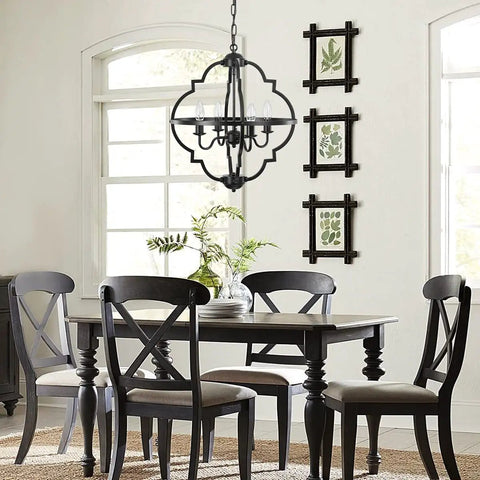 Rustic Farmhouse Black Chandelier For Dining Room And Living Areas With Industrial Metal Design, 18.1 Inch Adjustable Height Ceiling Light