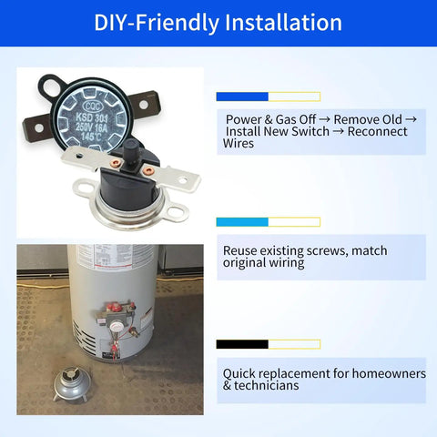 DIY-friendly installation of Resettable KSD301 290F Water Heater Thermal Switch Auto Reset Thermal Limit Cutoff For Gas Or Electric Models