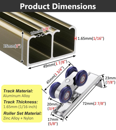 Double Track Barn Door Hardware Kit For Living Room Sliding Doors showing aluminum alloy track and zinc alloy roller dimensions.