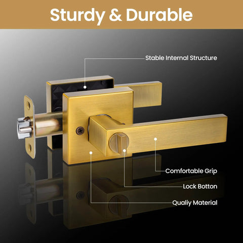 Interior Door Handles With Privacy Lock In Antique Brass Finish Old School Vintage Style Door Levers with thumb turn, side view