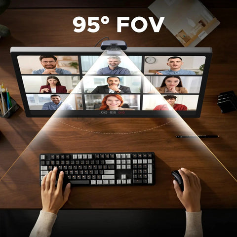 Top view of 2K 30FPS Ultra HD PC Webcam With Dual Microphones Privacy Cover USB Plug And Play Streaming Camera showing 95° FOV on monitor