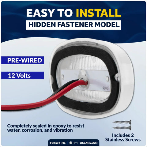 4 Pack Oblong LED Courtesy Lights for Boats and RVs No Brainer Cool White 12V IP67 Waterproof Interior Deck and Cockpit Accent Lighting High Brightness Low Power Draw Marine Grade Durable Bezel showing easy installation and wiring details.