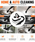Pressurized Handheld Steam Cleaner Knocking Out Grease And Grime Like A Boss For Your Whole House Chemical Free Cleanup Stays Gentle On Pets And Toddlers Includes Ten Piece Accessory Kit For Cars Couches Grout Tile And Wood Floors in use on kitchen and car surfaces.