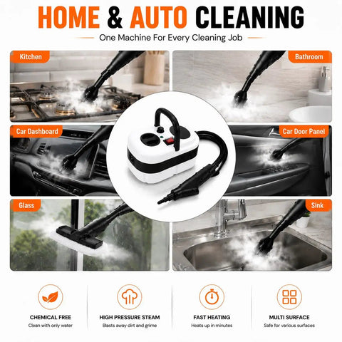 Pressurized Handheld Steam Cleaner Knocking Out Grease And Grime Like A Boss For Your Whole House Chemical Free Cleanup Stays Gentle On Pets And Toddlers Includes Ten Piece Accessory Kit For Cars Couches Grout Tile And Wood Floors in use on kitchen and car surfaces.