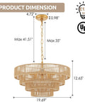 Dimensions of Six Light Hand Woven Rattan Pendant With Four Round Brass Frame Spheres, UL Listed, 20 Inch Diameter