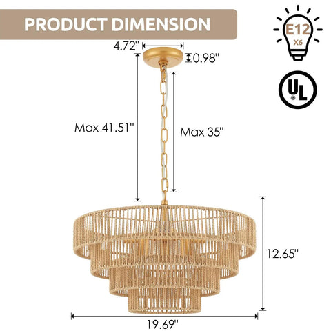 Dimensions of Six Light Hand Woven Rattan Pendant With Four Round Brass Frame Spheres, UL Listed, 20 Inch Diameter