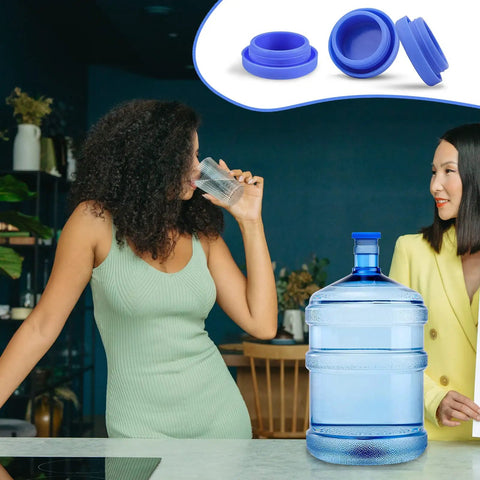 Two women with 5-gallon water jug; inset shows blue leak proof silicone replacement caps pack of 6 for 55mm bottles