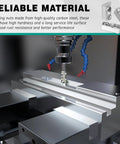 Aluminum extrusion profile being drilled on a CNC milling machine; blue coolant hoses visible.