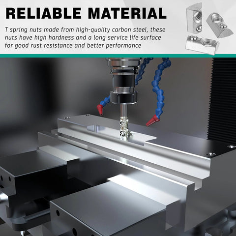 Aluminum extrusion profile being drilled on a CNC milling machine; blue coolant hoses visible.