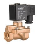 Brass Steam Solenoid Valve Three Eighths Inch NPT 24V DC High Temperature Normally Open Industrial Valve front view