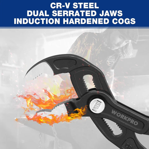 Close-up of Heavy Duty Water Pump Pliers Set With V Jaw Quick Adjustable Groove Joint Pliers showing CR-V material and fire effect.