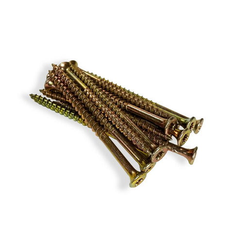 Contractor Favorite Heavy Duty Wood Construction Screws Size Nine By Three Inch featuring self drilling tips and Torx drive in a bulk pile.