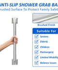 Hand holding Stainless Steel Bathroom Grab Bar 18 Inch Handrail ADA Compliant Heavy Duty 500 Lb Safety Grabbing Bar for bathtubs