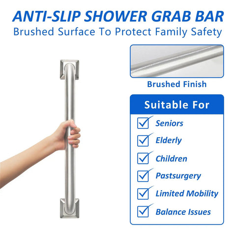 Hand holding Stainless Steel Bathroom Grab Bar 18 Inch Handrail ADA Compliant Heavy Duty 500 Lb Safety Grabbing Bar for bathtubs