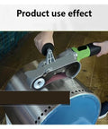 Heavy Duty Handheld Electric Pipe Sander designed to smooth out tubing on a metal surface in use.