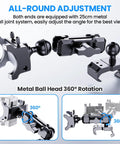 Detailed image of Rugged Aluminum Phone Mount For Jeep Wrangler JL JLU 2018 Through 2023 And Gladiator JT 2020 Through 2023 Not For 4Xe Dash Mount Kit With 360 Degree Rotation, showcasing metal ball joint system with 360° adjustment feature.