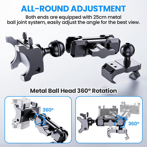 Detailed image of Rugged Aluminum Phone Mount For Jeep Wrangler JL JLU 2018 Through 2023 And Gladiator JT 2020 Through 2023 Not For 4Xe Dash Mount Kit With 360 Degree Rotation, showcasing metal ball joint system with 360° adjustment feature.