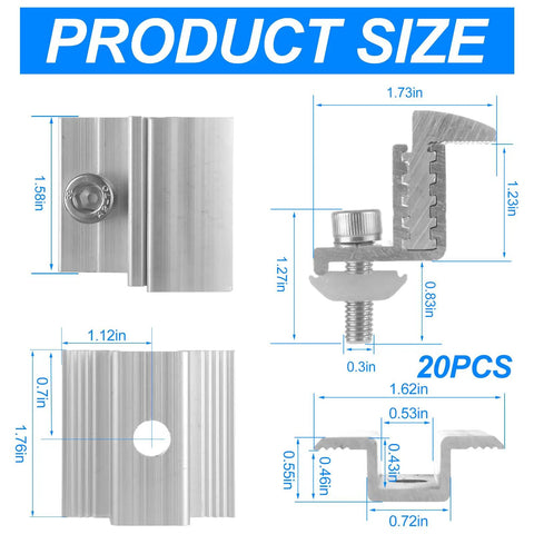Built Tough Heavy Duty Solar Panel Clamp Kit Includes 28 Adjustable Aluminum End And Mid Mounting Brackets For Metal Tin Flat Roofs Solar Pv System Workhorse Upgrade size chart showing dimensions of various clamps.