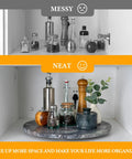 16 Inch Natural Rosso Luana Marble Lazy Susan Cabinet Turntable used to organize spices and kitchen items on a sleek surface.