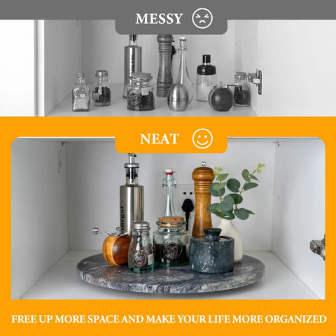 16 Inch Natural Rosso Luana Marble Lazy Susan Cabinet Turntable used to organize spices and kitchen items on a sleek surface.