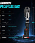 Newest Upgrade 21V Brushless Hydraulic Copper Pipe Crimping Tool Kit With Heavy Duty Dies dimensions and specifications displayed.