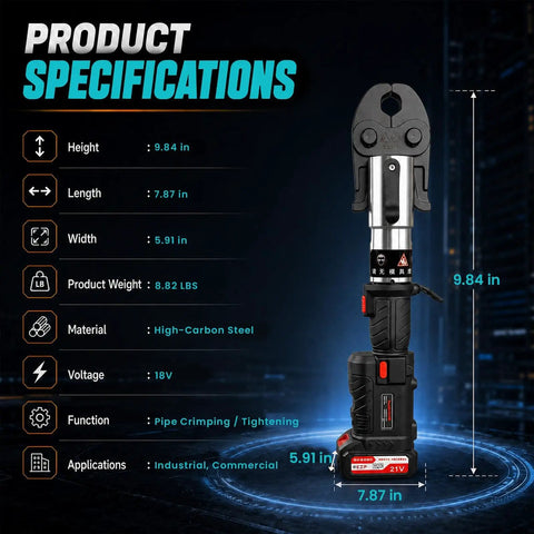 Newest Upgrade 21V Brushless Hydraulic Copper Pipe Crimping Tool Kit With Heavy Duty Dies dimensions and specifications displayed.