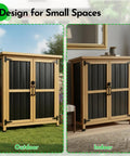 Tough As Nails Built To Last Outdoor Storage Cabinet waterproof wood and metal shed shown in outdoor and indoor settings.