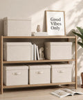 Hardcore Cotton Linen Storage Bins With Lids decorative closet containers on wooden shelf, beige, 17.5 x 12 x 11.5 inches, for organization.
