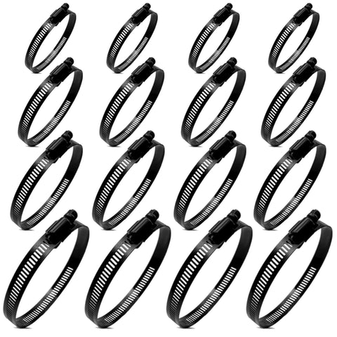 16-pack black stainless steel hose clamps, adjustable worm-gear, 9/16–4 in (14–102 mm) for radiator and fuel hoses