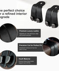 Sleek Double Purse Hook For Car, Universal Auto Seat Back Hanger, Premium Stitched Leather And Alloy Bag Organizer, close-up of hooks.