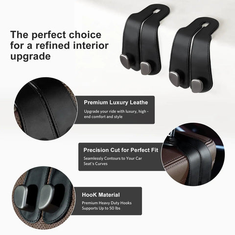 Sleek Double Purse Hook For Car, Universal Auto Seat Back Hanger, Premium Stitched Leather And Alloy Bag Organizer, close-up of hooks.