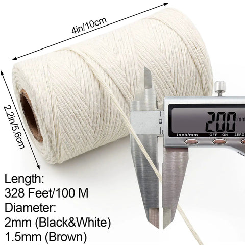 Close-up of white cotton rope roll with caliper showing 2mm diameter, part of Three Rolls Of 984 Ft Twine String 2mm Natural Jute And White Cotton Rope For Crafts DIY Projects Gardening Gift Wrapping And Decoration Packing Bulk.