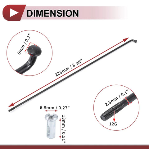Dimensions of 12G 225mm Black Bicycle Spokes Set, 36 Pcs of 45 Steel Spokes for Pro Grade Wheel Builds, Includes Nipples