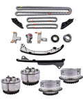 Premium Timing Chain Kit For Hyundai Genesis And Kia V6 3.3 Liter 8.0L Gasoline Engine G6DJ G6DF G6DH Models With CVVT Gears Built To Last Between 2009 And 2024 Without Worrying About Stretching Or Breakage., steel timing chain kit with guides, gears, and tensioners laid out on white