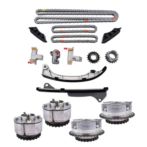 Premium Timing Chain Kit For Hyundai Genesis And Kia V6 3.3 Liter 8.0L Gasoline Engine G6DJ G6DF G6DH Models With CVVT Gears Built To Last Between 2009 And 2024 Without Worrying About Stretching Or Breakage., steel timing chain kit with guides, gears, and tensioners laid out on white