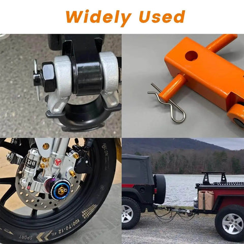 4-Piece Set Of Rock-Solid M6 X 120 White Zinc Plated Cotter Pins And R-Clips securing various trailer and cart attachments